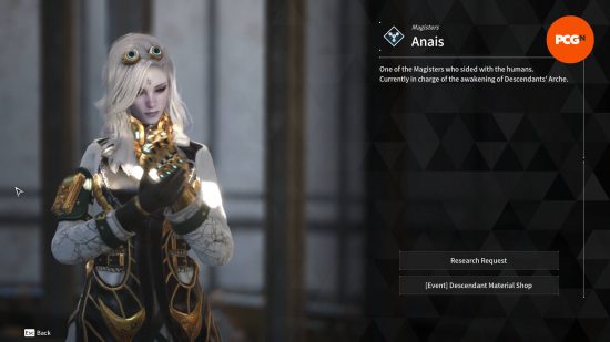 You can purchase First Descendant characters by researching them with Anais, pictured here on the left clutching her metal hand.