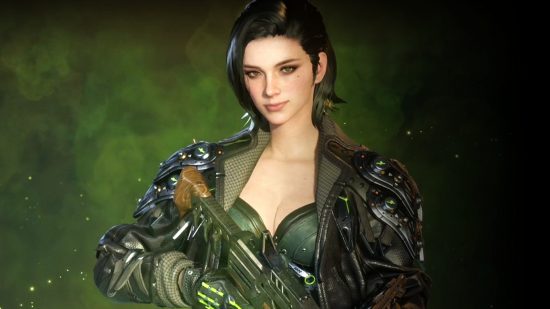 The First Descendant character Freyna stands holding a gun in front of a smoky green background.