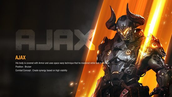 The First Descendant character infographic for Ajax, a Descendant in full armor including a horned helmet.