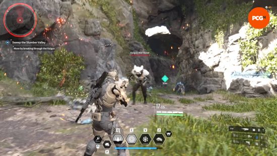 A character is shooting at enemies in a jungle to get First Descendant credits.