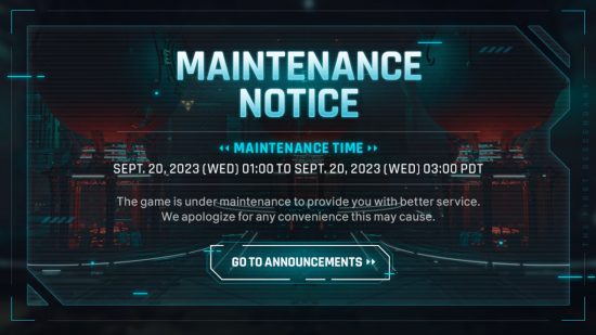 The First Descendant maintence schedule as it appears in game when you try and log in, showing the start and end times of the downtime.