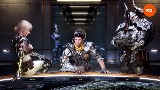 The First Descendant unlock characters available to you at the start of the game. Ajax has a helmet on and crossed arms. Viessa sits on the table, and Lepic is staring at you.
