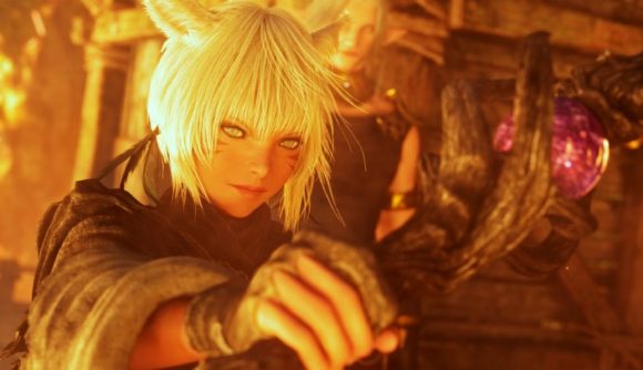 Best free PC games: a character with white hair and pointed ears holds on to a rock in Final Fantasy 14