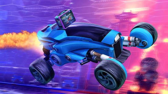 Best free PC games: a blue and black Rocket League car races across a purple and red background