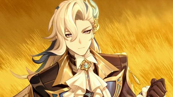 Neuvillette, one of the primary characters involved in the Genshin Impact 4.1 release date quests, gazes up at the sky as a field of yellow grass shifts in the wind behind him.