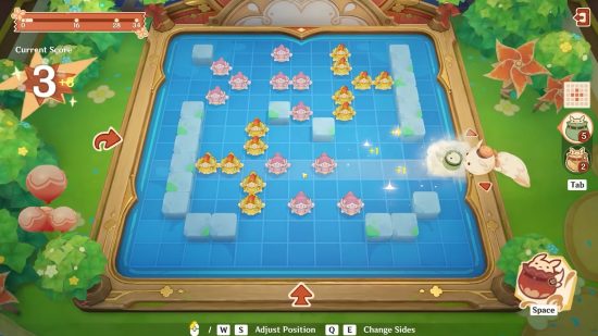 The puzzle board for Dodoco’s Bomb-Tastic Adventure, one of the events in the Genshin Impact 4.1 release date, featuring a grid of water with Dodoco ready to pounce on fish at the edge.
