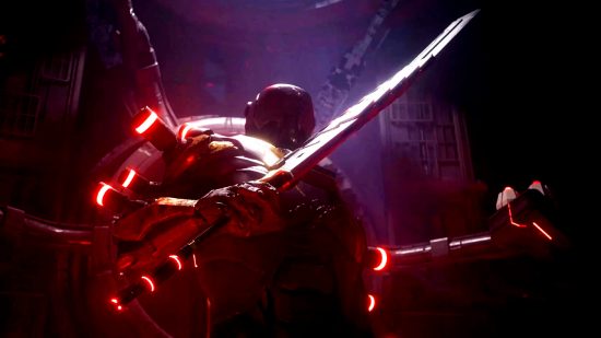 Ghostrunner 2 Demo - A figure in black armor with red lighting holds up a futuristic energy sword.