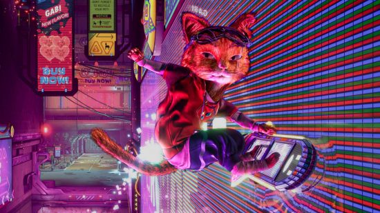 Stray's anarchic cousin is coming to Steam in Skate style adventure: A ginger cat in a skateboarding outfit riding a overboard along a neon track reaches out a paw