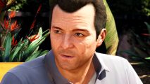 GTA 6: Michael from Grand Theft Auto 5 looks to the side, with short brown hair and light blue collared shirt