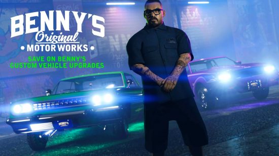 GTA Online weekly update - Poster for Benny's Original Motorworks, featuring Benny and two cars.