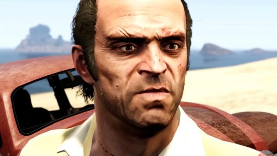 GTA Online weekly update - Trevor Philips, GTA 5 protagonist, stands on a beach by a damaged car.