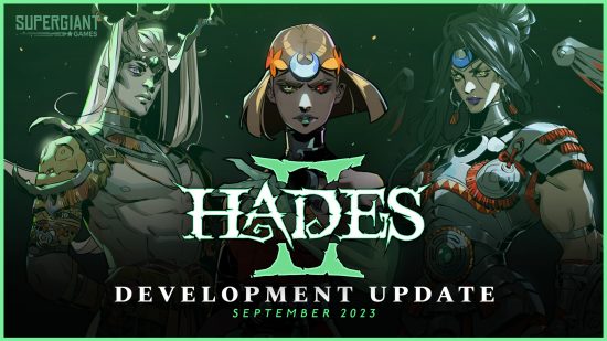 Three characters from Hades 2 on an eery green background, above the words "development update September 2023", the update which revealed the Hades 2 release date.