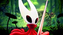 Hollow Knight Silksong - Protagonist Hornet holds stands in a green forest clearing.