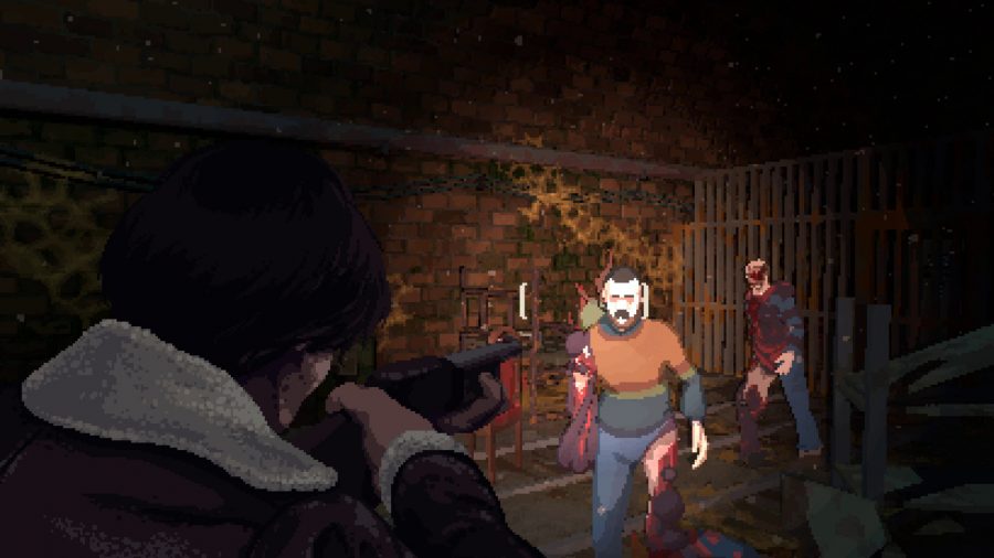 Holstin - over-the-shoulder view of a man aiming at several zombie-like figures in a dark, brick tunnel.
