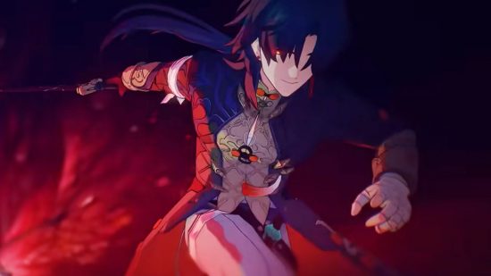 A pale man with glowing red eyes and nave blue hair wearing a long navy coat and white pants slashes a sword leaving a trail of red