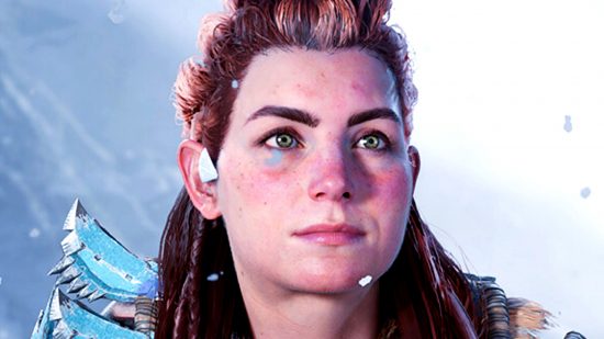 Horizon Forbidden West PC Steam release: a young woman with red hair stands in a snow storm of some sort