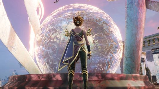A character with short brown hair wearing a blue cloak rimmed with gold stands in front of a huge shimmering, water-like orb