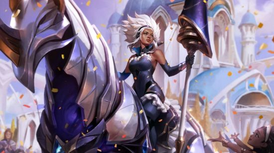 League of Legends patch 13.18 nerfs LoL's two most OP junglers: A black woman with white hair rides an iron-clad horse through a crowd of people holding a huge lance in her hand