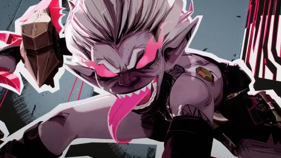 A vampiric creature with glowing pink eyes, white hair, and a lashing pink tongue crouches, staring menacingly into the camera