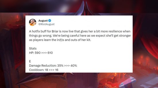 A comment from League of Legends lead champion designer August discussing buffs to Briar