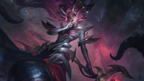Nami's new League of Legends skin has a Wednesday inspired secret: A pretty pink-haired woman wearing silvery armor holding a black and silver staff as tentacles swarm around her
