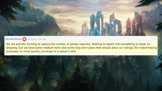 A comment from a Riot Games developer discussing the state of ranked in League of Legends, confirming there will be less games to play in future