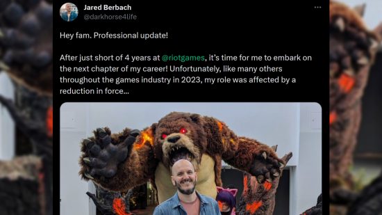 Tweet from Jared Berbach: "Hey fam. Professional update! After just short of 4 years at @riotgames , it’s time for me to embark on the next chapter of my career! Unfortunately, like many others throughout the games industry in 2023, my role was affected by a reduction in force..."