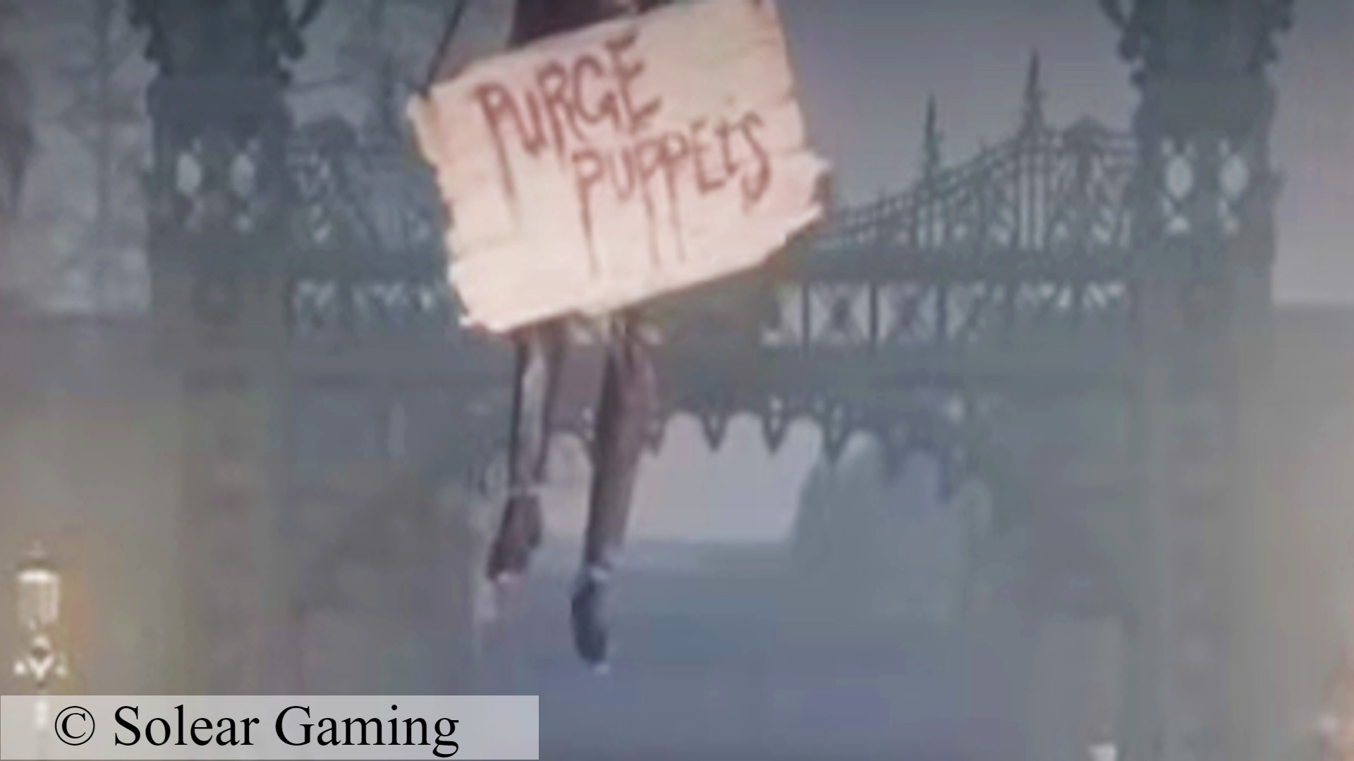 Lies of P cut content: A marionette from soulslike RPG game Lies of P wearing a sign that says purge puppets