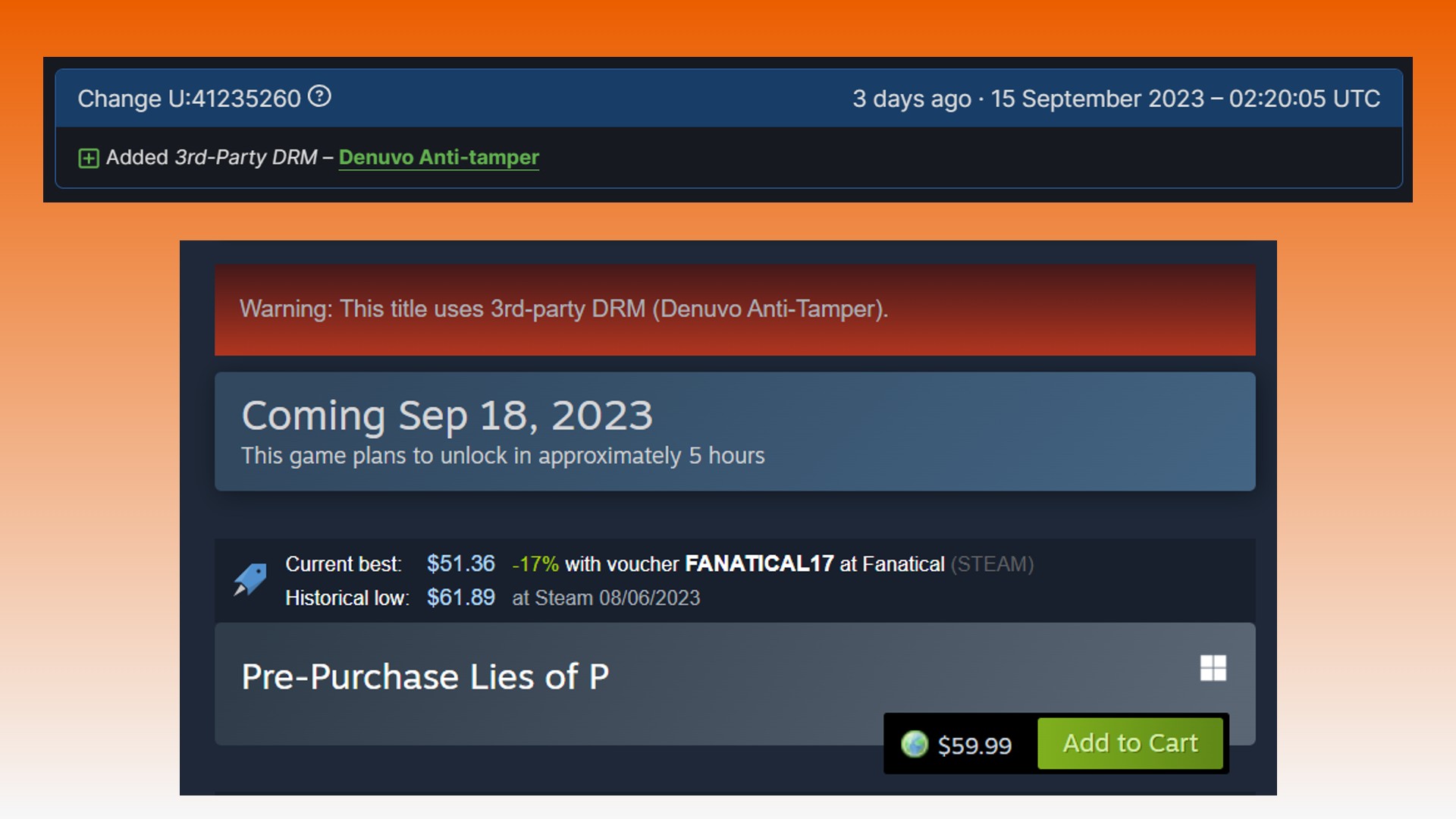 Lies of P Denuvo: Two images showing how Denuvo has been added to the Lies of P Steam page