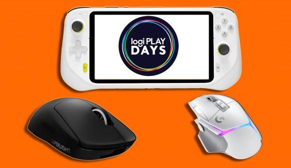Logitech Logi Play Days gaming gear promotion: a white handheld device with a Logi Play Days logo on the screen appears above two mice, one white and one black, above an orange background.