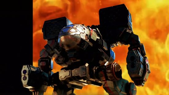 MechWarrior 5 Clans - A BattleMech stands in front of a flaming background, a knowing reference to the famous MechWarrior 2 cover art.