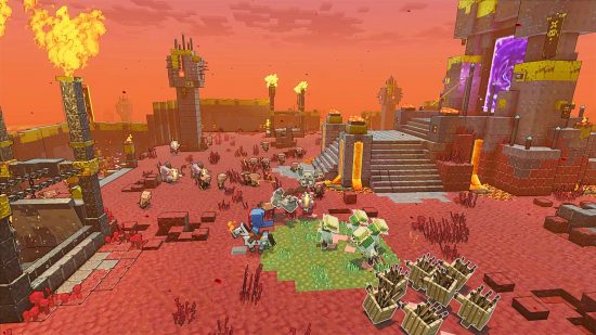 An aerial view of a sunset over the overworld in Minecraft Legends, one of best games like Minecraft.