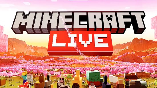 The Minecraft Live logo over a cherry grove biome, as characters big and small watch the sunset.