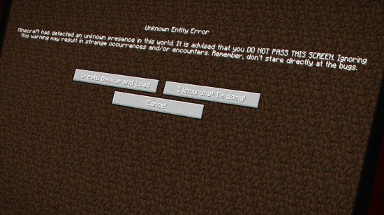 An error screen from the Minecraft mod From the Fog which reads: "Minecraft has detected an unknown presence in this world. It is advides you DO NOT PASS THIS SCREEN."