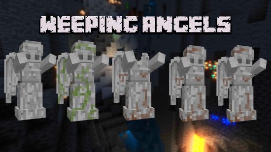 Five variations of the Minecraft weepings angels statues which can appear in the game with the weeping angels mod installed.