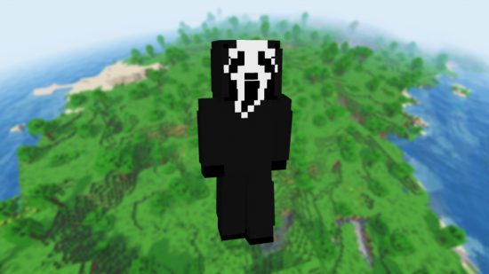 A Minecraft Ghostface skin in front of a backdrop of green trees.