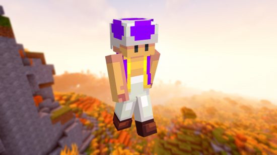 One of the best Minecraft skins, Toad from Super Mario Bros, wearing a purple jacket to match his purple mushroom head.