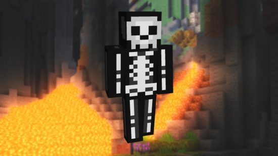 Minecraft Halloween skins: A skeleton onesie skin in front of a landscape view of a cave system.