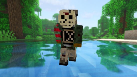 A Halloween Minecraft skin of Jason Vorhees standing over a Minecraft lake.
