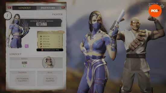 The Mortal Kombat 1 character select screen showing Kitana with Kana as a Kameo character