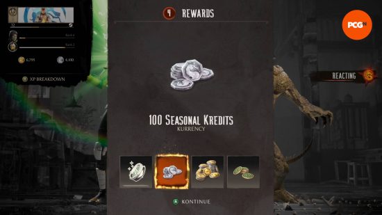 MK1 invasion mode: the seasonal credits screen shows the hexagonal currency