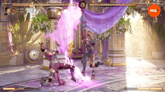 Mortal Kombat 1 review: Li Mei is fighting against Mileena who has succumbed to her Tarkat disease. They're fighting inside the Outworld palace.