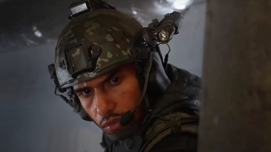 Gaz, played by Elliot Knight in the MW3 cast and wearing a camo helmet, stealthily peers round a corner.