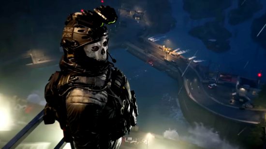An upper body shot of MW3 character Ghost, played by Modern Warfare 3 voice actor Samuel Roukin, as he looks into the distance from a high vantage point, the world continuing far below him.