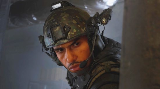 Modern Warfare 3 maps: a man wearing military gear peers around a wall.