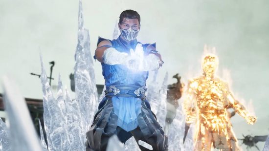 Sub-Zero is wearing one of the many cosmetic items in the Mortal Kombat 1 gear system. He is freezing the air behind him, while Scorpion sets himself on fire.