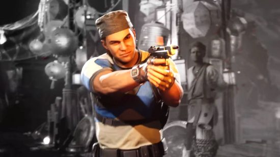 Stryker, wearing his classic MK3 outfit which has to be one of his Mortal Kombat gear system cosmetic items, is aiming a gun at someone off-screen.