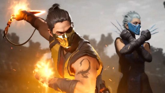 Both Scorpion and Frost are in their fighting stances while sporting some cool cosmetic items from their Mortal Kombat 1 gear selection.