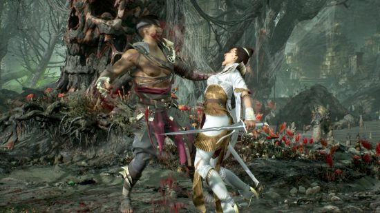 Havik is the Mortal Kombat 1 unlock character. Here we see him in the Living Forest about to spit out acid blood onto Ashrah's face.