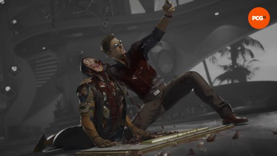 A man wearing a black combat shirt and trousers poses taking a selfie with a dead character with no face